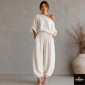 Wide Leg Pant Set Women, Two Piece Resort Outfit, One Shoulder Top
