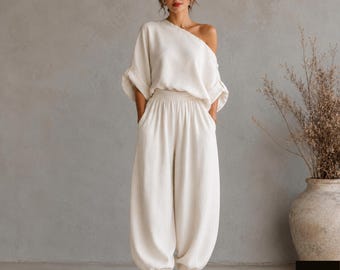 Wide Leg Pant Set Women, Two Piece Resort Outfit, One Shoulder Top