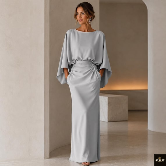 dolman sleeve formal dress Maxi Dress, Backless Evening Gown,Formal Wedding Guest Outfit dolman sleeves