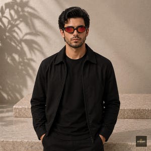 Peut inclure: Une personne portant une veste noire, un t-shirt noir et un pantalon noir, avec des lunettes de soleil teint&eacute;es de rouge. La veste a un col et une fermeture &eacute;clair. La personne se tient devant un fond de couleur neutre.