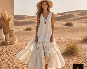 Sleeveless Tiered Maxi Dress, Boho V Neck Flowy Summer Beach Outfit