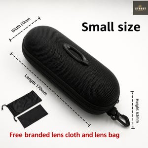 May include: Black small-size glasses case, 170mm long, 80mm wide, and 63mm high. Includes a branded lens cloth and lens bag. The case has a zipper closure and a black loop. The text "Small size" is displayed.
