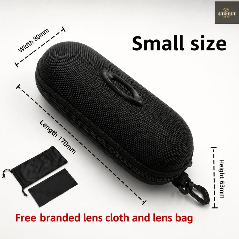 May include: Black small-size glasses case, 170mm long, 80mm wide, and 63mm high. Includes a branded lens cloth and lens bag. The case has a zipper closure and a black loop. The text "Small size" is displayed.