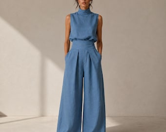 Cotton Linen Two Piece Set, Sleeveless Top & Wide Leg Pants