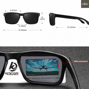 May include: Black rectangular sunglasses with a 57mm lens width and 142mm frame width. The sunglasses are 100% polarized and feature the text "Wear glasses to see the beautiful patte".
