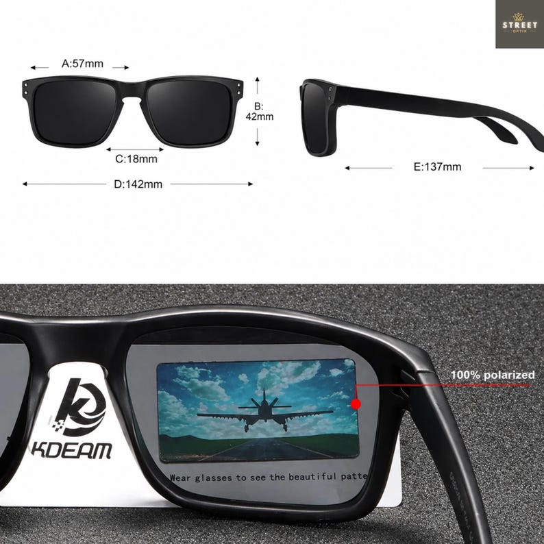 May include: Black rectangular sunglasses with a 57mm lens width and 142mm frame width. The sunglasses are 100% polarized and feature the text "Wear glasses to see the beautiful patte".
