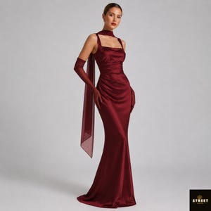 dark red fitted dress with square neckline Red Square Neck Gown
