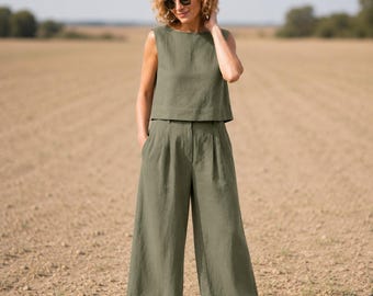 Women Linen Two Piece Set, Boho Cotton Lounge Outfit, Oversized Travel Co Ord Set