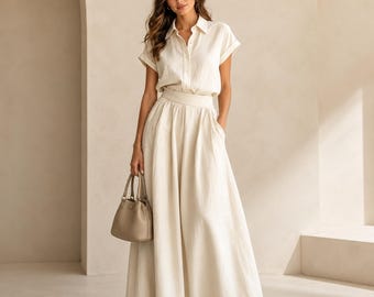 Handmade Cotton Linen Shirt Dress – Short Sleeve Summer Midi Outfit, Casual Button Front Style