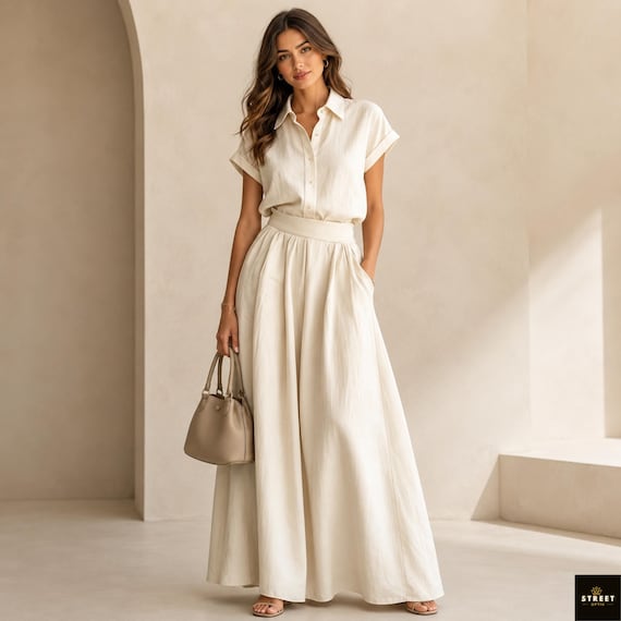 Handmade Cotton Linen Two Piece Set – Short Sleeve Summer Outfit, Casual Button Front Style