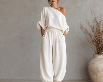 Wide Leg Pant Set Women, Two Piece Resort Outfit, One Shoulder Top