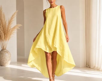 Handmade Cotton Linen High Low Dress – Sleeveless Summer Outfit, Beach Vacation Resort Wear