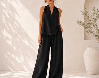 Handmade Cotton Linen Two Piece Set – Sleeveless Top & Wide Leg Pants, Summer Resort Outfit