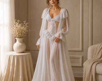 Sheer Lace Bridal Peignoir Set, Vintage Chiffon Nightgown Robe, Wedding Night Lingerie