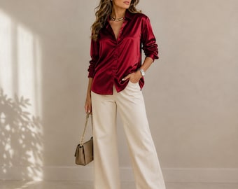 Blusa de satén de manga larga para mujer, resistente a las arrugas, elegante, para la oficina o el trabajo, estilo casual y formal.