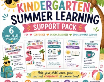 Paquete de apoyo para el aprendizaje de verano para niños que ingresan a kínder / Actividades de verano imprimibles y recursos de preparación escolar para familias