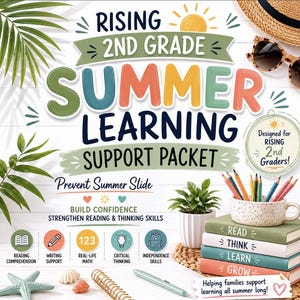 Könnte beinhalten: Farbenfrohe Lern-Grafik für Schüler der 2. Klasse. Der Text lautet "Rising 2nd Grade Summer Learning Support Packet" mit unterstützenden Symbolen und Text. Enthält einen Stapel Bücher, Bleistifte und eine kleine Topfpflanze.