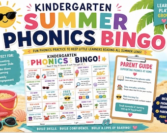 Bingo de fonética de verano para jardín de infantes y guía para padres / Actividades de aprendizaje de verano / Prevención del retroceso académico durante el verano / Recurso de alfabetización de fin de año