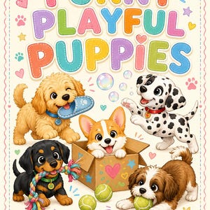 Playful Puppies Colouring Book, 20 Printable Dog Pages, Kids PDF Download