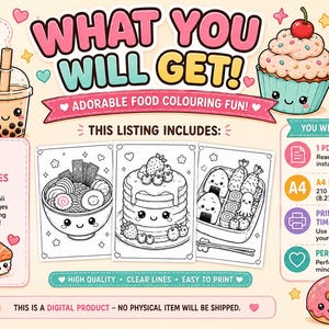 Op de afbeelding: Een digitaal kleurboek met 29 unieke kawaii voedselpagina's. De afbeelding bevat illustraties van boba-thee, een cupcake, ramen, pannenkoeken en sushi. De tekst bevat WHAT YOU WILL GET, 29 UNIQUE PAGES en A4 SIZE 210 x 297 mm.