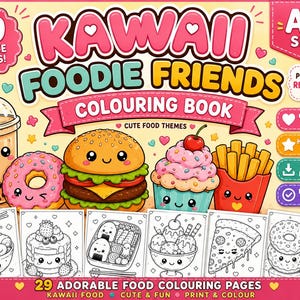 Op de afbeelding: Een kleurboek getiteld Kawaii Foodie Friends met 29 unieke pagina's. De kaft toont kleurrijke illustraties van bubble tea, donut, burger, cupcake en frietjes met gezichtjes, naast zes zwart-wit voorbeelden van kleurplaten.