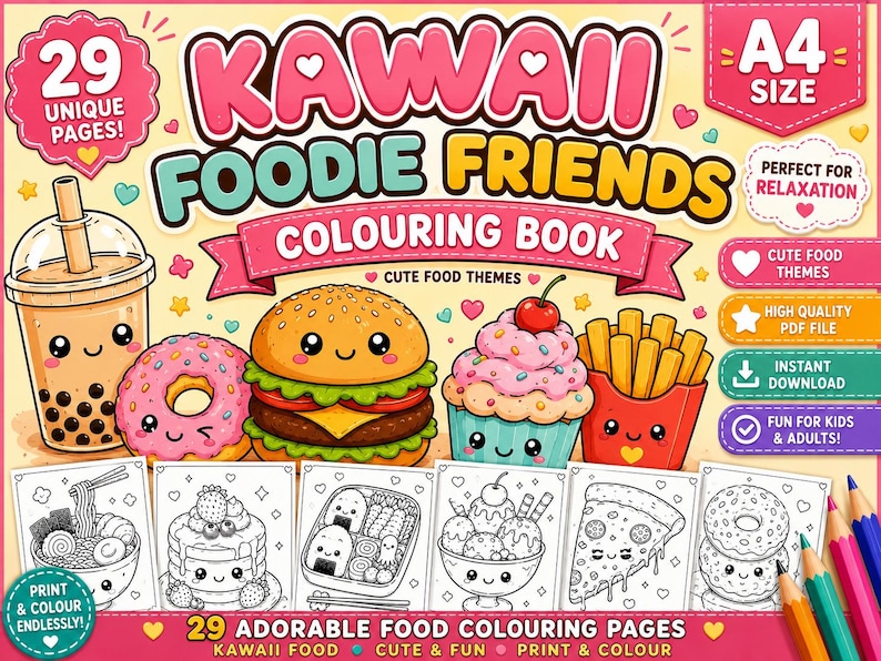 Op de afbeelding: Een kleurboek getiteld Kawaii Foodie Friends met 29 unieke pagina's. De kaft toont kleurrijke illustraties van bubble tea, donut, burger, cupcake en frietjes met gezichtjes, naast zes zwart-wit voorbeelden van kleurplaten.