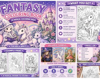Fantasy kleurboek, 20 printbare A4-pagina's met eenhoorns, feeën en draken, PDF-download