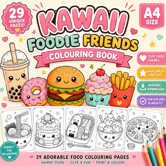 29 Kawaii food Colouring Pages (A4 PDF Download)