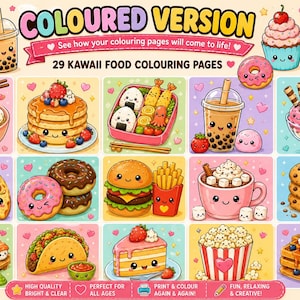 Op de afbeelding: Een digitale collectie van 29 kawaii kleurplaten met eten, waaronder illustraties van ramen, pannenkoeken, bento-boxen, bubble tea, ijs, pizza, donuts, hamburgers, friet, warme chocolademelk, koekjes, sushi, taco's, taart, popcorn en wafels.
