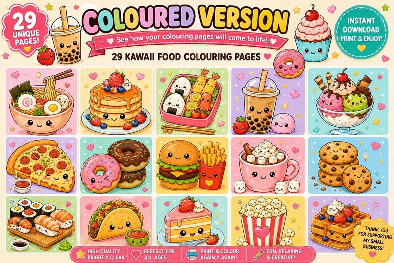 Op de afbeelding: Een digitale collectie van 29 kawaii kleurplaten met eten, waaronder illustraties van ramen, pannenkoeken, bento-boxen, bubble tea, ijs, pizza, donuts, hamburgers, friet, warme chocolademelk, koekjes, sushi, taco's, taart, popcorn en wafels.
