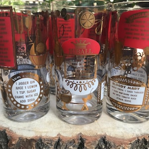 Set of 4 four Vintage Red & Gold Recipe Highball cocktail beverage glass glassware | Bloody Mary Tom Collins MCM Mid Century Mod Retro