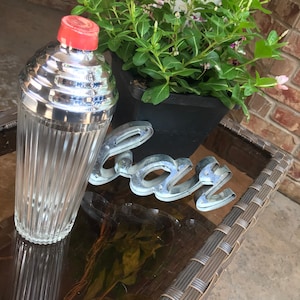 Vintage Retro Ribbed Glass Shaker with red plastic top | Barware Bar Cart Wet Bar Martini Shaker | Drink Shaker | Beverage Server | Red Top