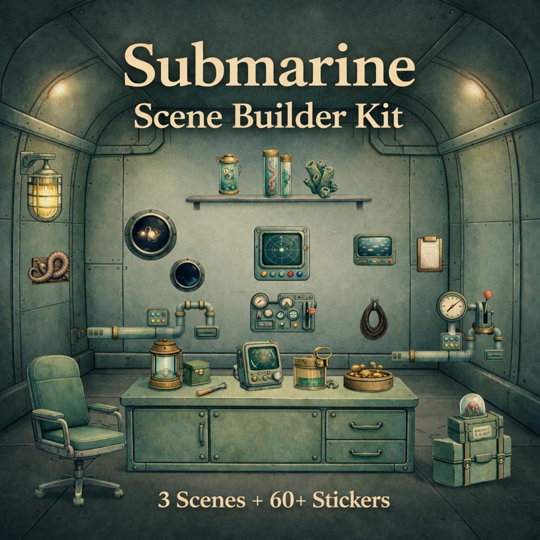 Submarine Digital Sticker Kit, Scene Builder, Goodnotes Stickers, Canva ...
