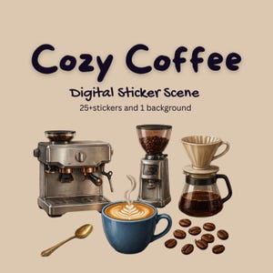 Coffee Digital Sticker Kit for GoodNotes, Procreate, Scape and Verse Scene Building Assets, Aesthetic Cafe PNGs, Espresso & Barista Ephemera