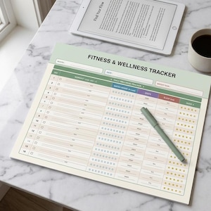 Peut inclure: Un suivi de fitness et de bien-être intitulé "Fitness & Wellness Tracker" est posé sur une surface en marbre. Un stylo vert est posé sur le suivi. D'autres éléments incluent une tasse de café, des lunettes et une tablette.