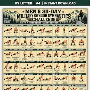 Pode incluir: Um cartaz de desafio de ginástica sueca militar de 30 dias com uma grade de 30 exercícios diários de peso corporal, ilustrações de uma pessoa realizando cada movimento, gráficos de montanhas e o texto US LETTER e A4.