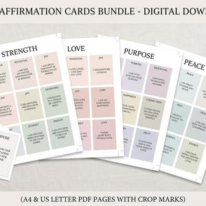 Peut inclure: Un ensemble de cartes d'affirmations quotidiennes en téléchargement numérique comprenant quatre feuilles avec des grilles aux tons pastel contenant des textes comme STRENGTH, LOVE, PURPOSE et PEACE, avec des repères de coupe pour l'impression.