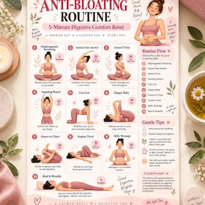 Peut inclure: Une affiche intitulée Anti-Bloating Routine présentant dix poses de yoga illustrées pour le confort digestif. La mise en page comprend des étapes numérotées, du texte descriptif et une liste de routine sur un fond rose pâle avec des motifs floraux.
