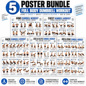 Puede incluir: Un paquete de cinco pósteres blancos con rutinas de entrenamiento de cuerpo completo con mancuernas. Cada póster muestra ilustraciones numeradas de ejercicios con etiquetas para brazos, pecho, espalda, piernas, glúteos y core.