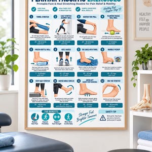 Peut inclure: Une affiche pédagogique encadrée intitulée Plantar Fasciitis Exercises présentant douze illustrations numérotées d'étirements du pied et du talon. Le tableau blanc comprend du texte bleu, des schémas de pieds et des conseils de sécurité.