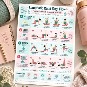 Peut inclure: Une affiche pédagogique rectangulaire intitulée Lymphatic Reset Yoga Flow présentant seize illustrations numérotées de postures de yoga. Le tableau comprend des sections pour Wake Up, Open, Drain et Reset, avec du texte détaillant les mouvements, le nombre de respirations et les bienfaits dans une palette de couleurs pastel.