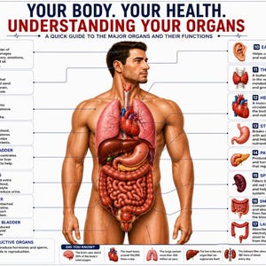 以下が含まれることがあります： YOUR BODY. YOUR HEALTH. UNDERSTANDING YOUR ORGANS.というタイトルの教育用ポスター。中央に内臓が露出した人間の胴体のイラストがあり、その周囲に17個の番号付きアイコンと主要な臓器の説明が記載されています。