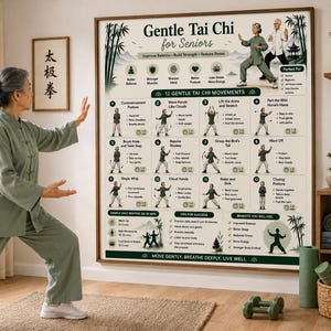 Peut inclure: Une grande affiche murale rectangulaire intitulée Gentle Tai Chi for Seniors, présentant douze étapes de mouvements illustrées, des avantages et des conseils. L'affiche a un fond blanc avec des accents verts, des graphismes de bambou et du texte.