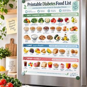 Peut inclure: Un tableau magnétique rectangulaire intitulé Printable Diabetes Food List fixé sur un réfrigérateur en acier inoxydable. Le tableau classe les aliments en trois sections : Best Choices, Limit et Avoid or Rarely, avec du texte et des illustrations.