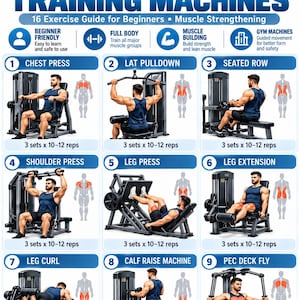May include: An instructional chart titled MEN'S STRENGTH TRAINING MACHINES featuring 16 exercises for beginners. It displays nine numbered illustrations of a person using various gym equipment, including chest press, lat pulldown, and leg press machines.