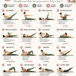 Può includere: Un poster di esercizi di Pilates a terra con 16 movimenti numerati e illustrazioni di una persona in abbigliamento sportivo. Include titoli, punti elenco con istruzioni, conteggio delle ripetizioni e sezioni dedicate ai principi e ai benefici.