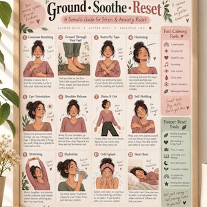 Könnte beinhalten: Ein gerahmtes Lehrplakat mit dem Titel Ground Soothe Reset, A Somatic Guide for Stress & Anxiety Relief. Es zeigt zwölf nummerierte Illustrationen von Beruhigungstechniken, darunter bewusstes Atmen, Summen und Dehnübungen, mit begleitendem Text.