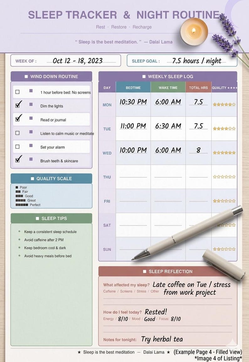 Printable Sleep Tracker, Aesthetic Night Routine PDF, Weekly Sleep Log ...