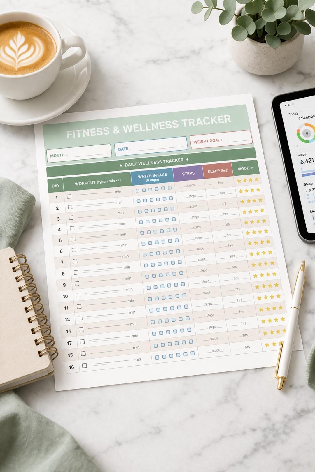 Printable Fitness & Wellness Tracker, Aesthetic Workout Log PDF, Daily ...