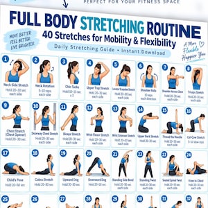 Peut inclure: Un tableau de routine d'étirement complet présentant 32 illustrations numérotées d'une personne en tenue de sport bleue effectuant divers exercices de mobilité et de flexibilité avec des étiquettes et des instructions sur fond blanc.